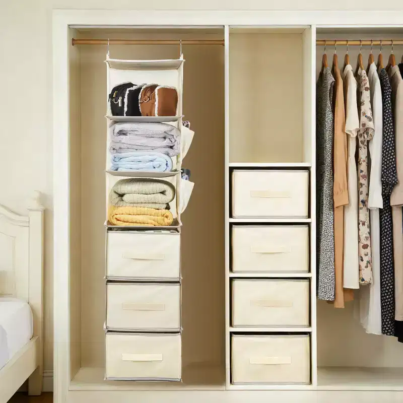 6-Tier Hanging Storage Organizer Non-Woven Fabric, Thick Bamboo Slat Washable, with 3 Removable Drawers + 2 Side Pockets Space-Saving