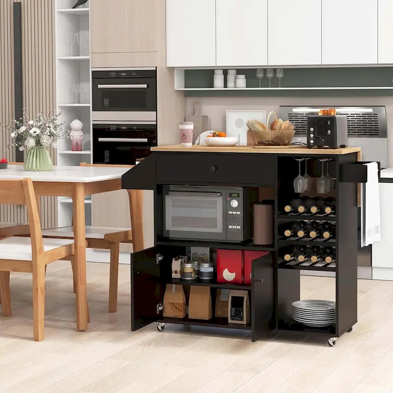 Rolling Kitchen Cart Kitchen Island Cart w/ Drop-Leaf & Power Outlet