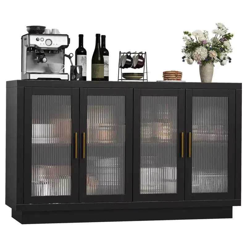 Black Buffet Sideboard Cabinet with 4 Glass Doors and Adjustable Shelves
