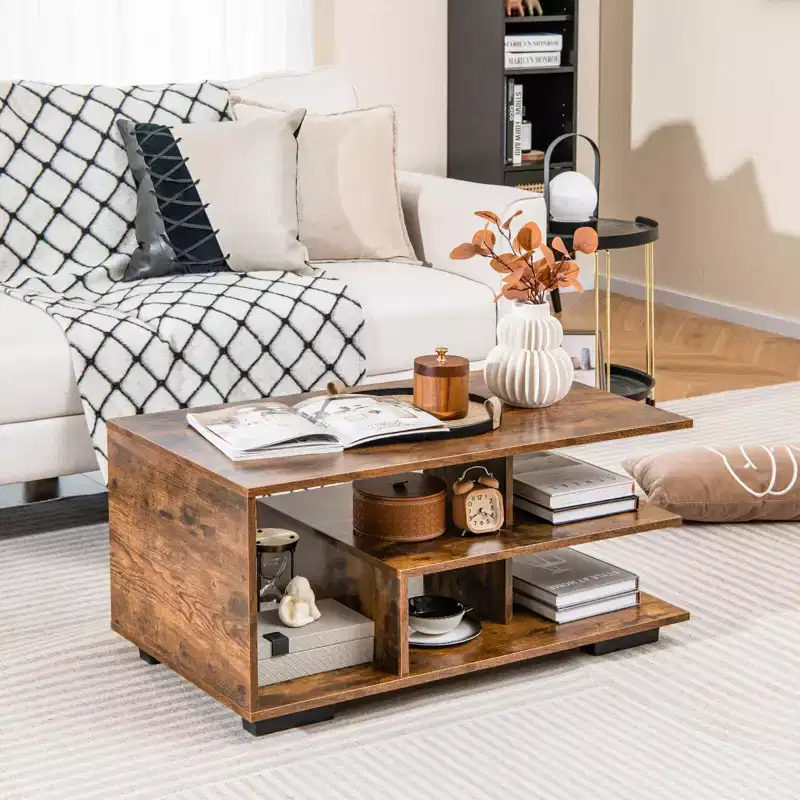 Coffee Table w/ L-shaped Middle Shelf for Living Room Rustic Brown