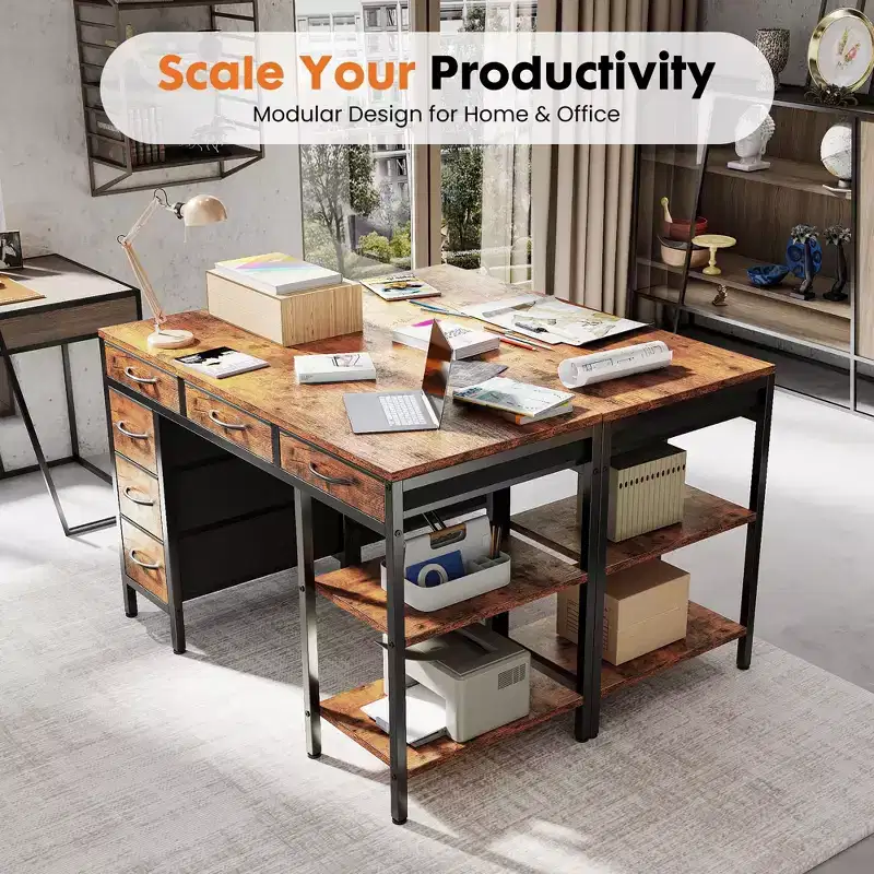 JIONJOY Computer Desk with 6 Fabric Drawers & Adjustable Middle Shelf, Storage Desk for Home Office, Gaming & Vanity