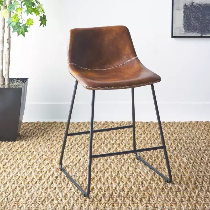 Counter Stool, Iron Frame with Leather Upholstered Seat, Padded Back, Footrest, 24