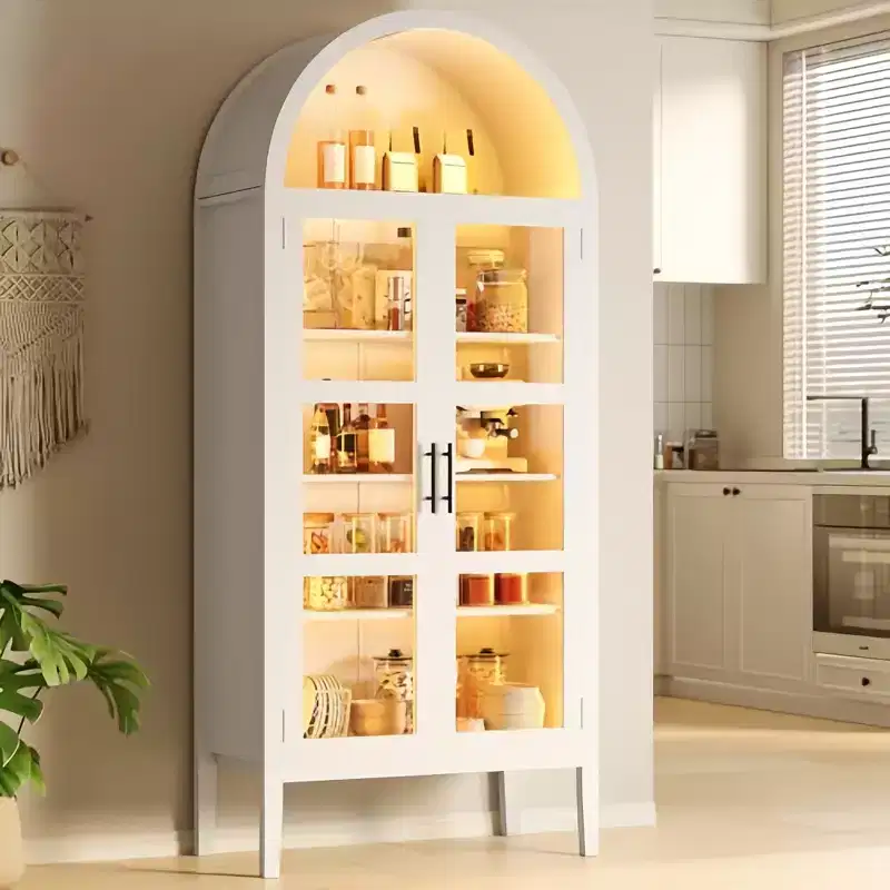 70 Tall Arched Kitchen Pantry Cabinet with LED, Wood Arched Bookshelf with Glass Doors & Adjustable Shelves, Elegant White