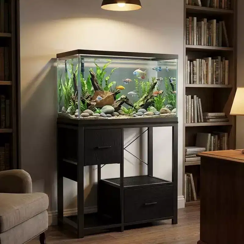 20-29 Gallon Fish Tank Stand with Power Outlets, Heavy Duty Metal and Wood Aquarium Stand with 2 Drawer and Sturdy Legs