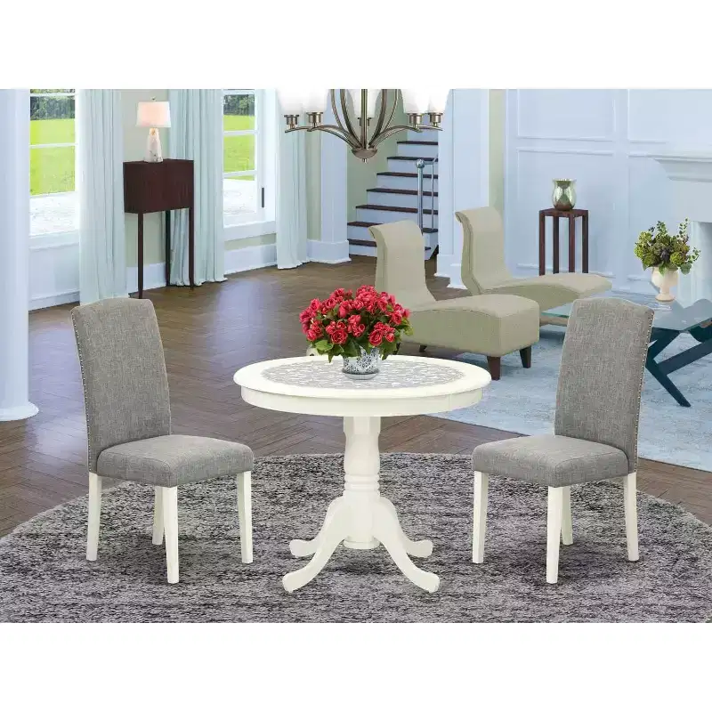 Round Dining Table Set 36 Inch - 3Pc Table & Chairs - Linen White Legs - Dark Shitake Fabric