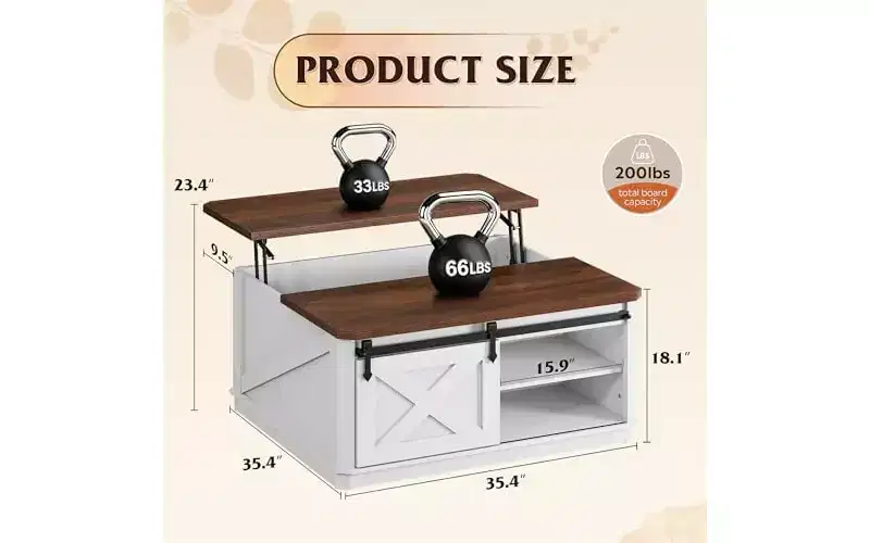 DEXYLLO Framhouse Coffee Table with Storage, 35.5 Lift Top Coffee Table for Living Room, Square Center Table