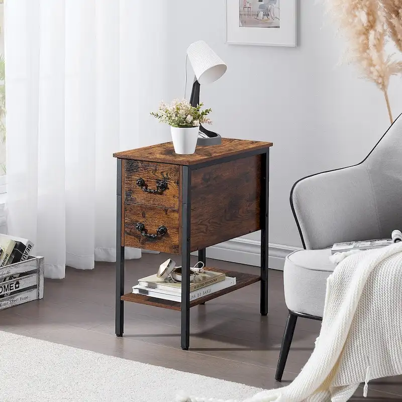 Industrial 2-Drawer Nightstand Narrow End Side Table (Set of 2)