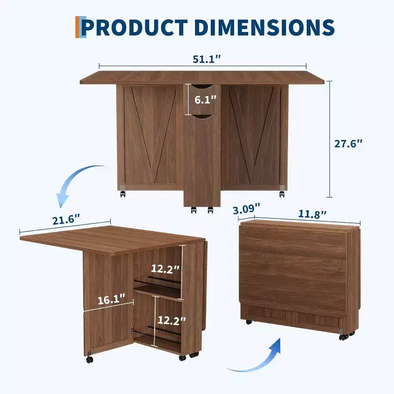 Space-Saving Folding Dining Table with Storage - Kitchen Table 6 Wheels (4 Lockable) + Drawer & Shelves, Compact for Small Spaces