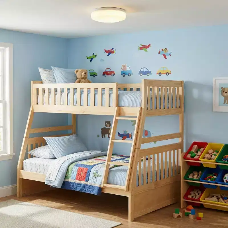 GDFStudio Carter Modern Wood Twin Over Full Bunk Bed with Ladder and Guard Rails