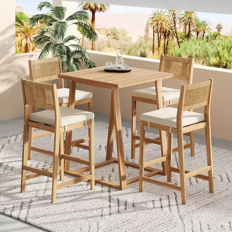 Christopher Knight Home Gaye 5 Pieces Outdoor Rattan and Acacia Wood Bar Set