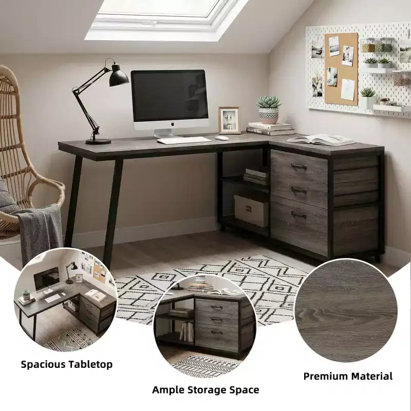 MAYEERTY Reversible L-Shaped Desk with 3 Drawers & Open Shelves, 53 Home Office Computer Desk