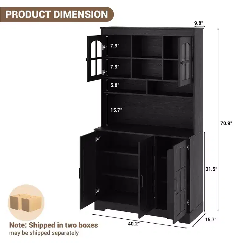 Pantry Cabinet with Charging Station, Tall Kitchen Pantry Storage Cabinet with Hutch,70.9 Inch Kitchen Cabinet with Glass Doors, for Dining Room