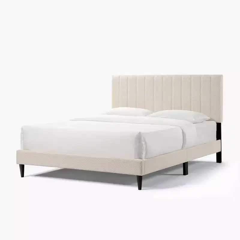 Queen Size Velvet Upholstered Bed Frame, Vertical Channel Tufted Wingback Headboard, Wooden Slats Support Platform, No Box Spring needed White