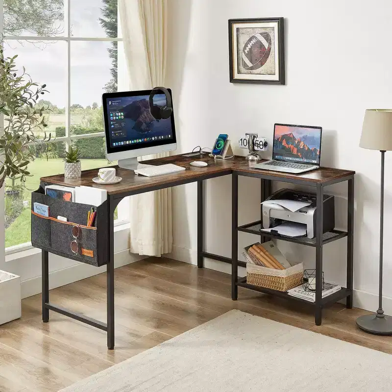 L-Shaped Corner Gaming Desk | 2-Tier Shelf & Storage Pocket | Brown