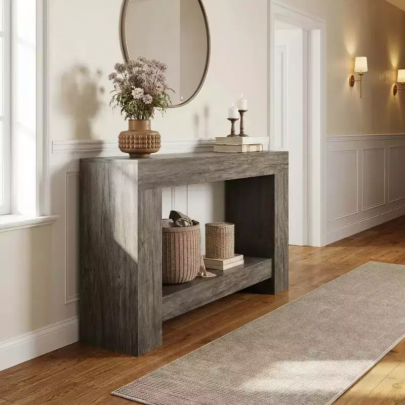 Farmhouse Console Table for Entryway, 2-Tier Narrow Sofa Table Behind Couch, Rectangular Hallway Accent Table with Open Storage Shelf