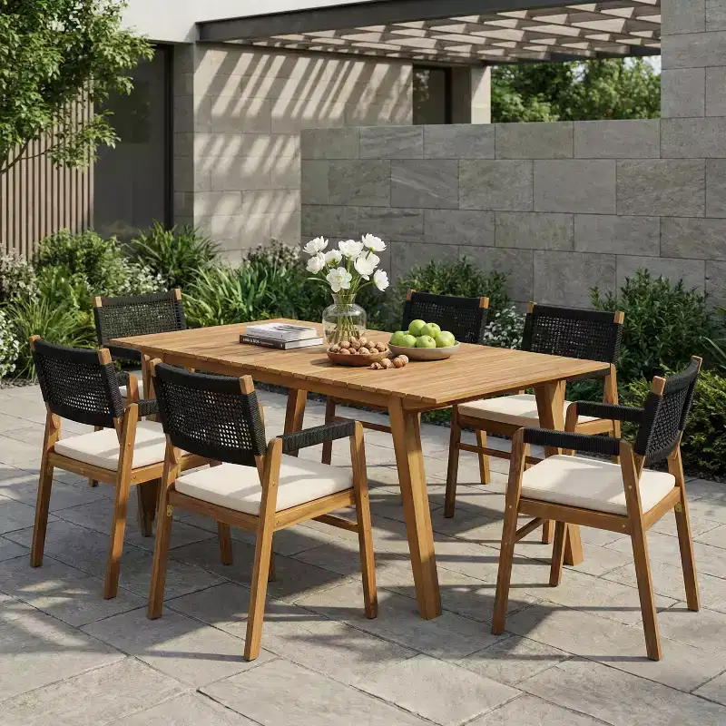 ModernLuxe Outdoor Dining Set, Solid Acacia Wood 7-Piece Patio Conversation Set with Slat Design Dining Table, Upholstered Armchairs