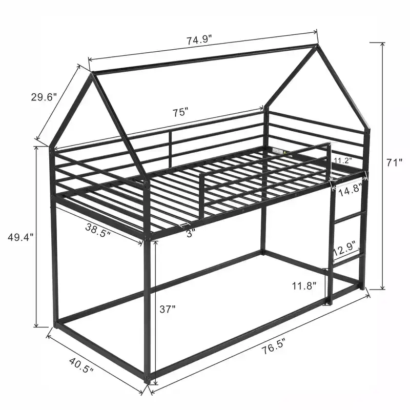 Metal Twin over Twin House-Shaped Bunk Bed with Built-in Ladder