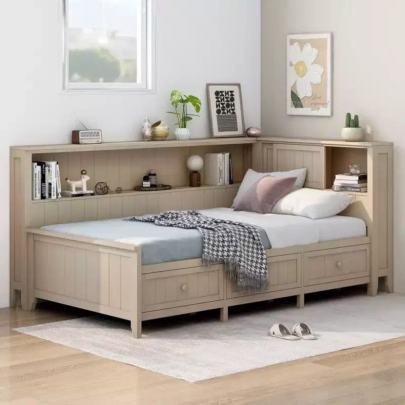 Wood Daybed with Storage Shelves & 3 Under-Bed Drawers - Pine & MDF, No Box Spring