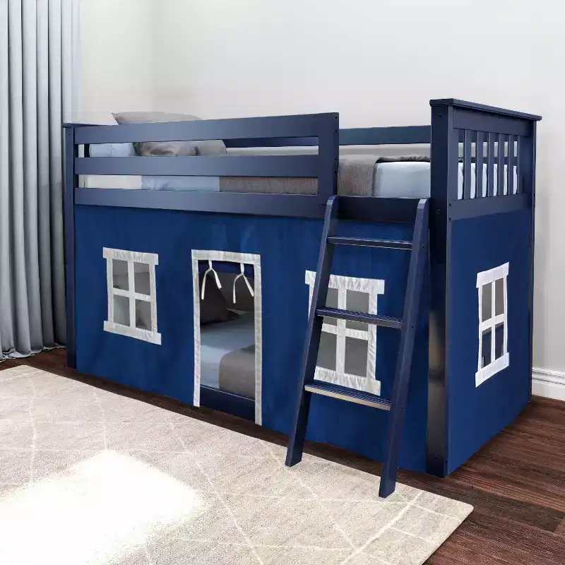 Pine Wood Twin over Twin Low Bunk Bed with Cotton Curtains 50