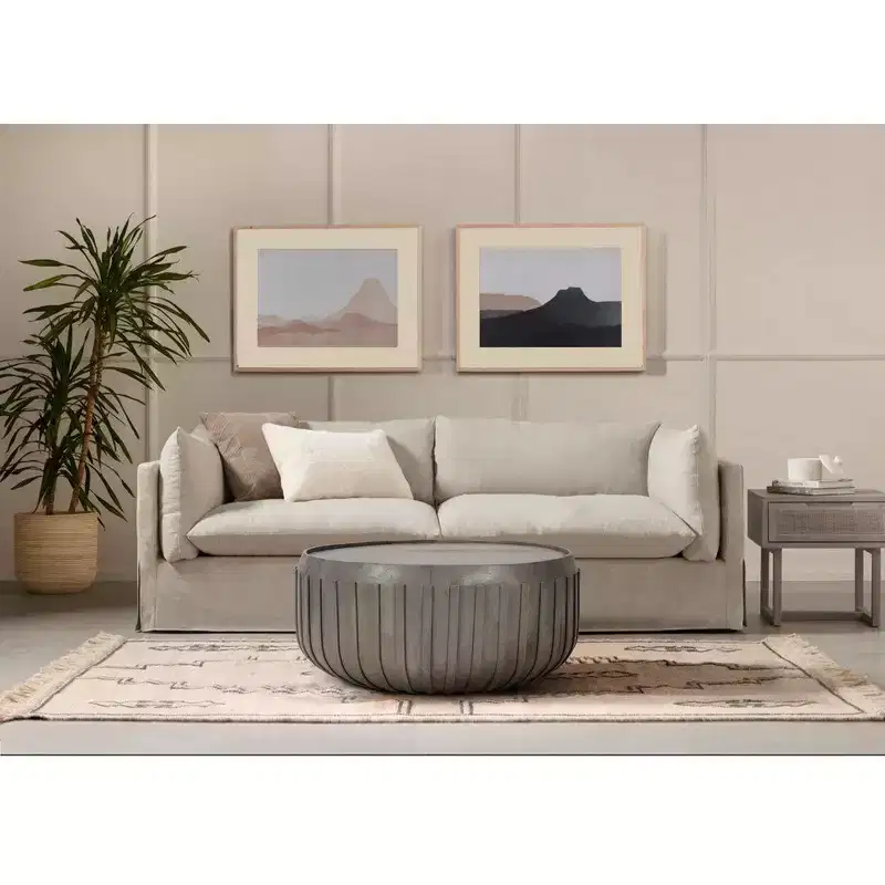 36 Inch Coffee Table, Handcrafted Drum Shape with Ribbed Edges, Mango Wood