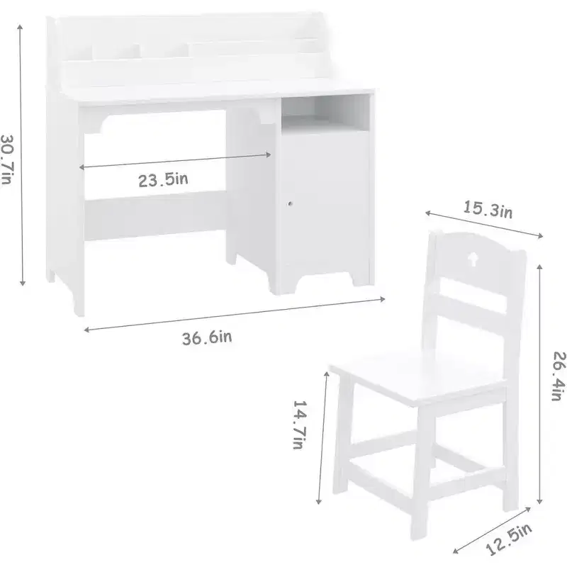 Garvee Kids Desk and Chair Set,Study Desk for Kids with Hutch, Storage Cabinet, Wooden Children Study Table,White