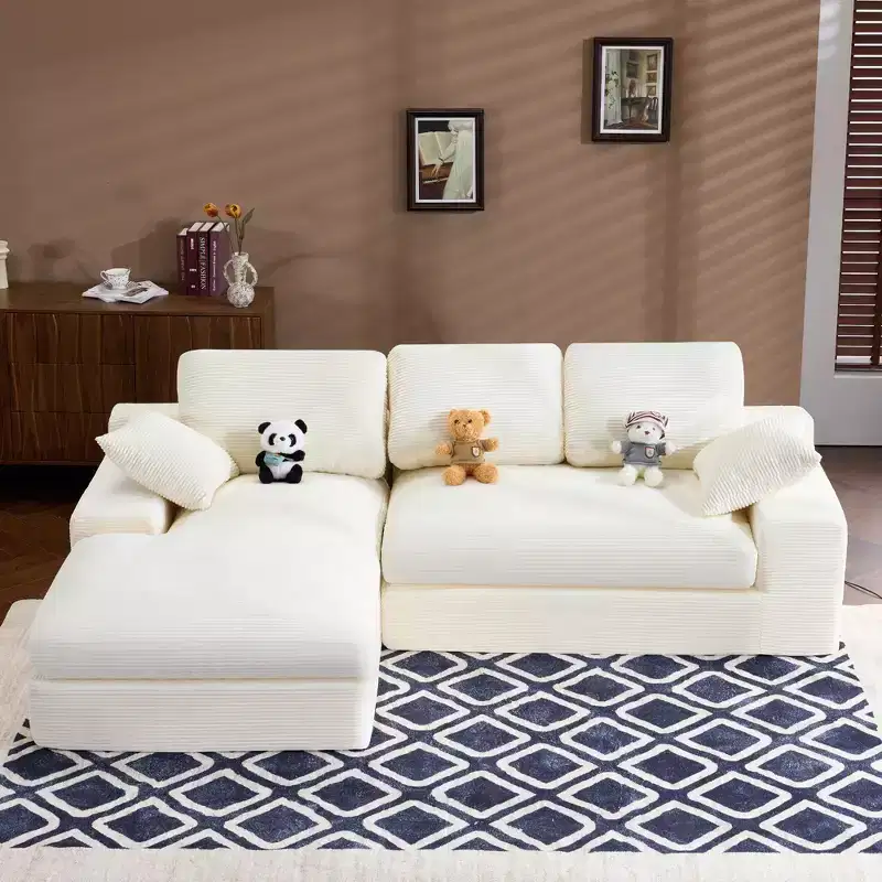 White Corduroy Comfy Sofa w/ 5 Cushions  Cozy Living Room Essential