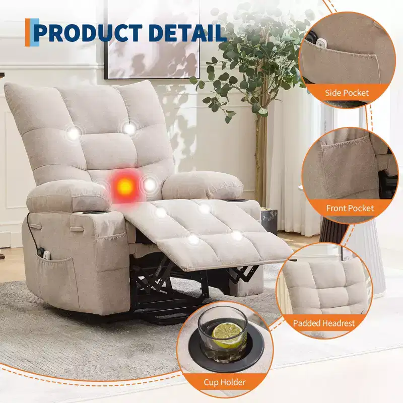 Power Lift Recliner Chair, Electric Massage & Heat Recliner with 45 Assist Stand, with Soft Padded Upholstery, Side Pocket & Cup Holders