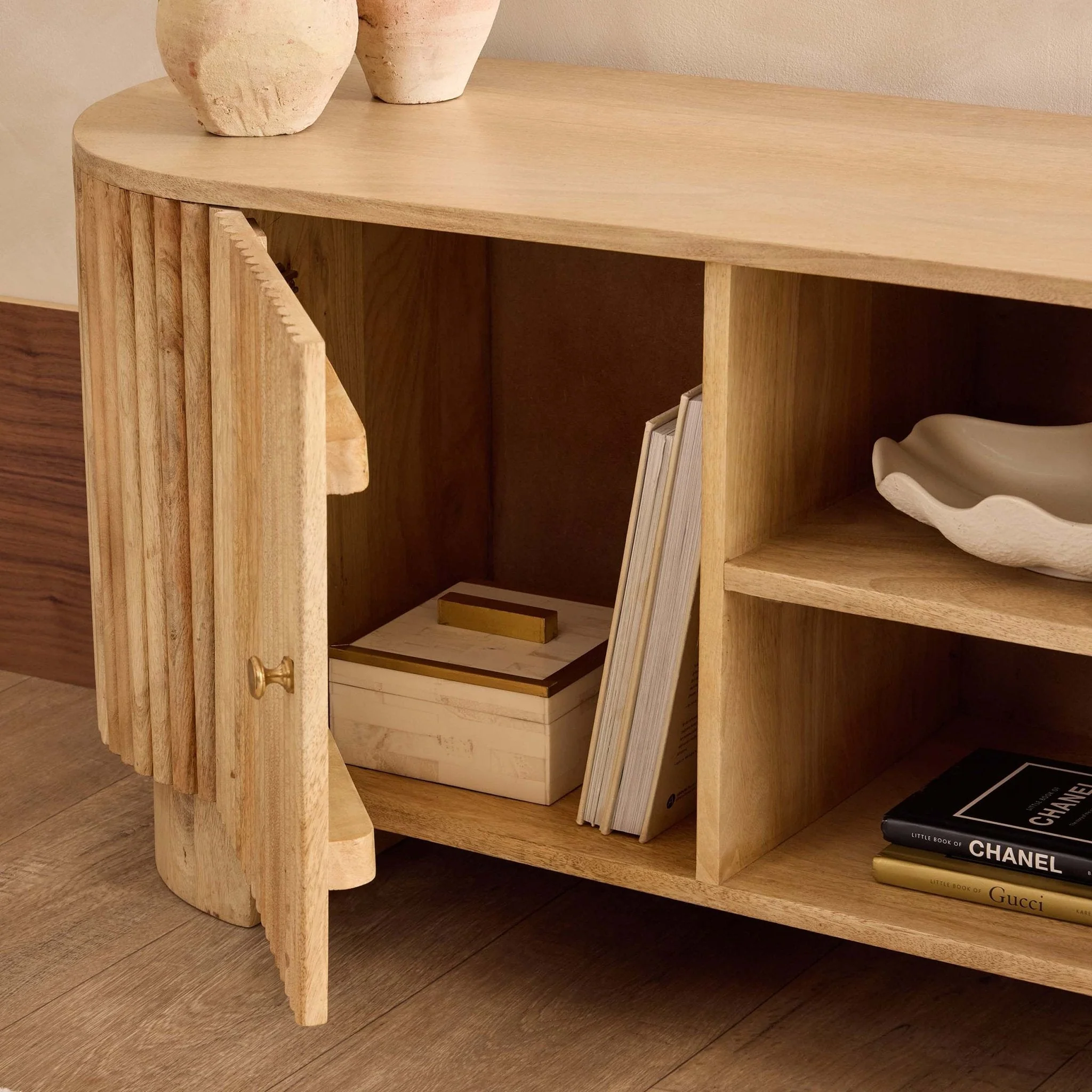 Luxe Natural Mango Wood TV Unit with Shelving for TVs up to 55 Inch for Living Room