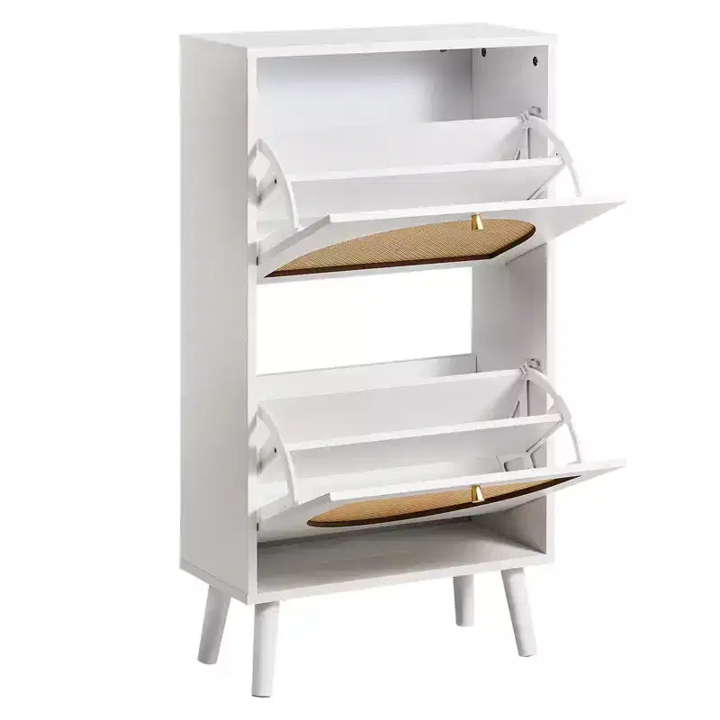 White 2-Door Flip Shoe Cabinet with Rattan Front, Holds 12 Pairs