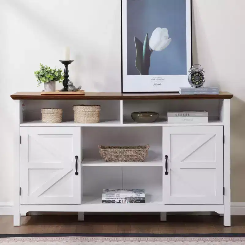 Farmhouse Sideboard Buffet Cabinet with Hinged Barn Doors, 58 Large Kitchen Storage Cabinet with Adjustable Shelves