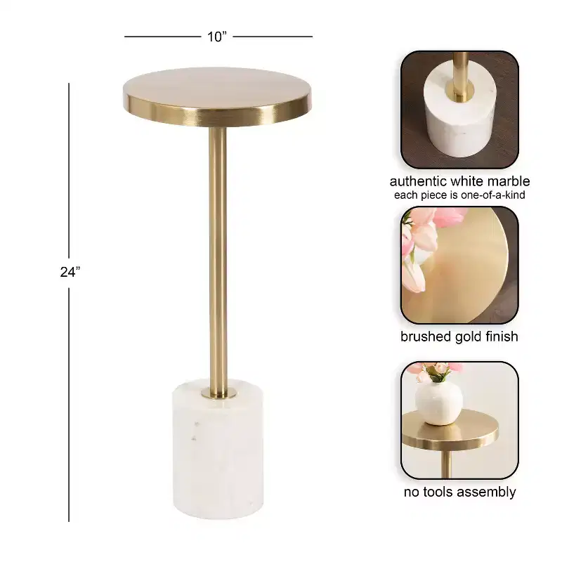 Kate and Laurel Hescott Metal and Marble Pedestal Table, White, 10x10x24