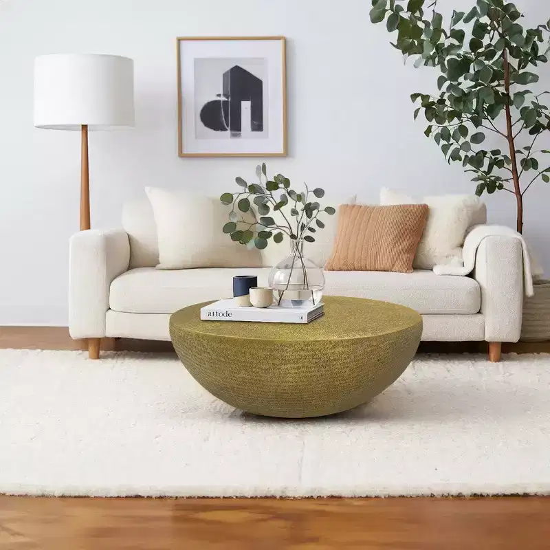 36 Inch Round Coffee Table, Bowl Base with Hand Etched Texture, Antique Brass Aluminum