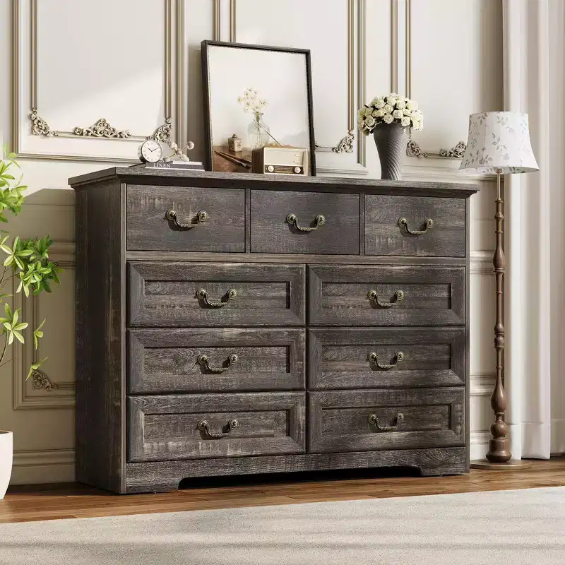 GustoWave 9-Drawer Dresser for Bedroom, 47 Wide Dressers Wood Vintage Chest of Drawers, Farmhouse Storage Organizer for Living Room, Hallway Entryway