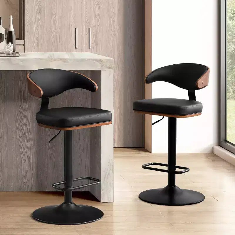 Art Leon Bentwood and Faux Leather Swivel Barstool with Adjustable Height