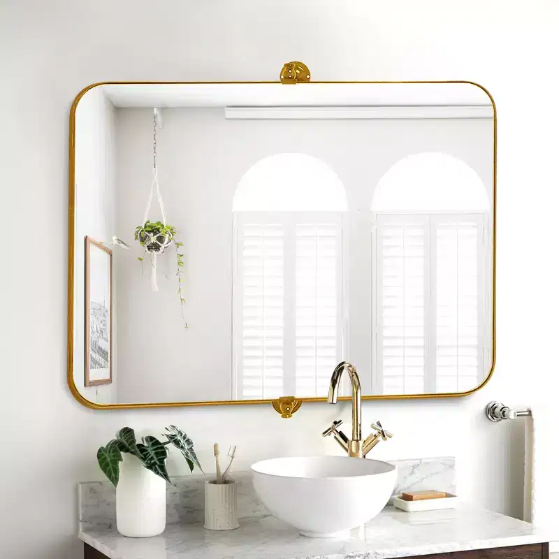35.83x24.02x1.57in Wrought Iron Rounded Rectangle Gold Metal Hanging Mirror