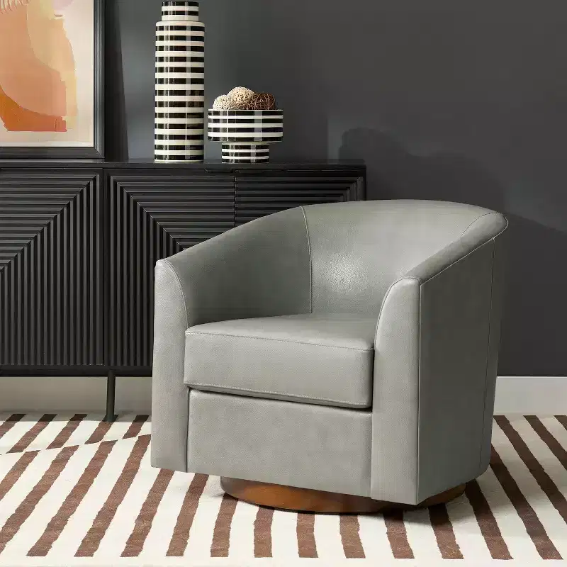 Molly Modern 360-degree Swivel Barrel Genuine Leather Chair with Solid Wood Base|ART OF LIVING DESIGNS