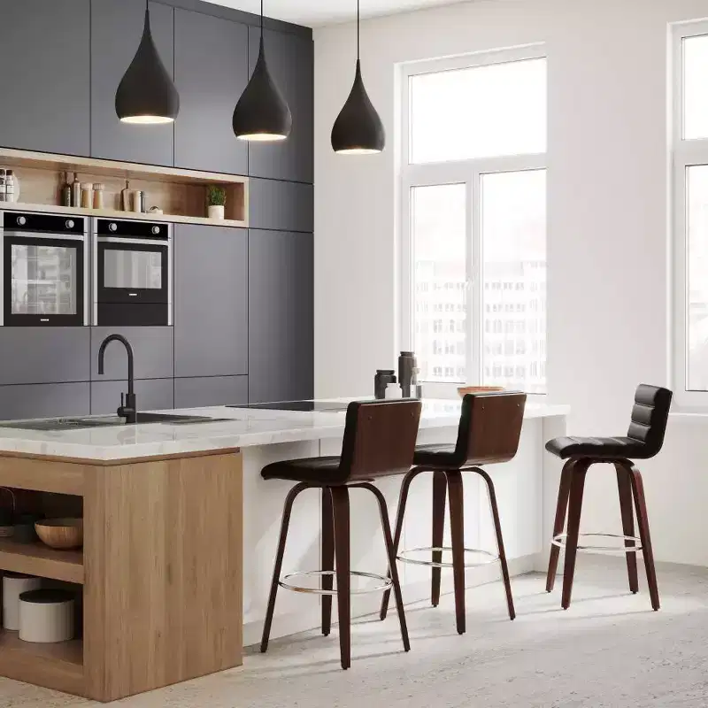 WyndenHall Madigan Barstool Black: Mid-Century Modern, Adjustable Height, Faux Leather Upholstery, Wood & Metal Frame