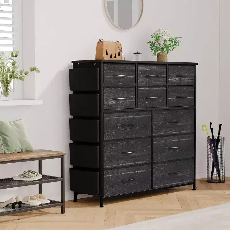 39.4in Tall Dresser for Bedroom with 12 Drawers, Chest of Drawers with Side Pockets and Hooks, Sturdy Steel Frame, Wood Top, Easy Pull Handle