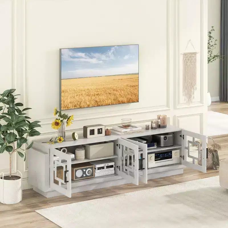 Costway 4-Door Glass Entertainment Center Farmhouse TV Stand for TVs up to 75 Oak White