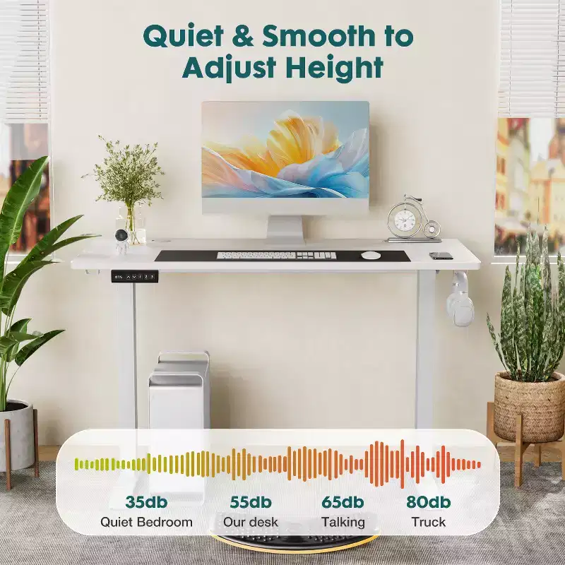 Electric Height-Adjustable Standing Desk, Splice Board Desktop, 2 Hooks & Cable Management, White