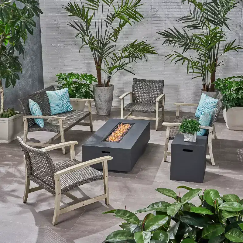 Christopher Knight Home Augusta Outdoor Acacia Wood and Wicker 6 Seater Chat Set with Fire Pit