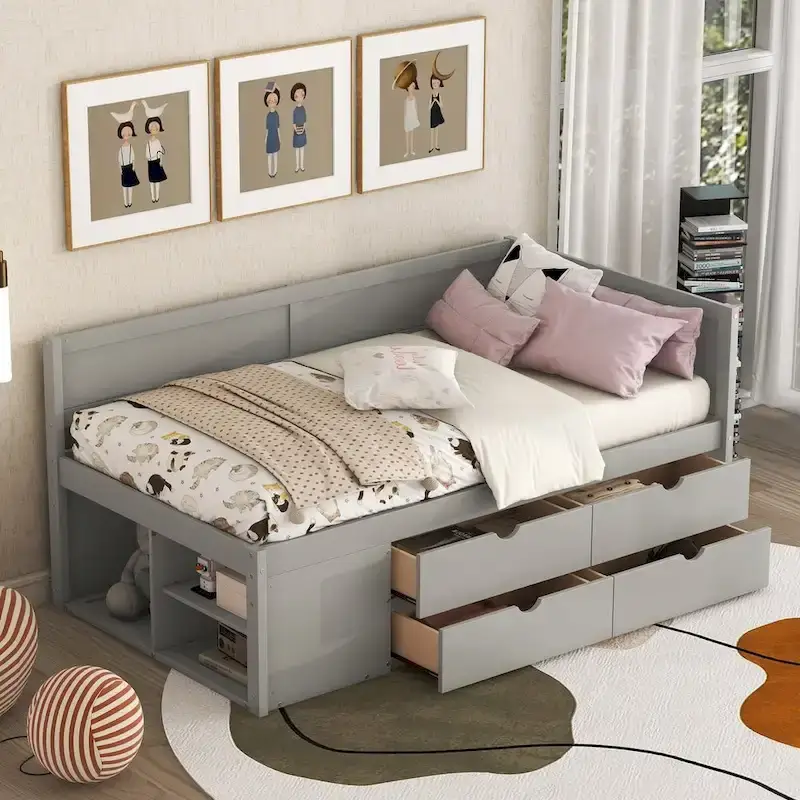 Daybed with Storage Drawers and Bookcase Shelves,Captains Corner Day Bed for Kids Boys Girls Adults