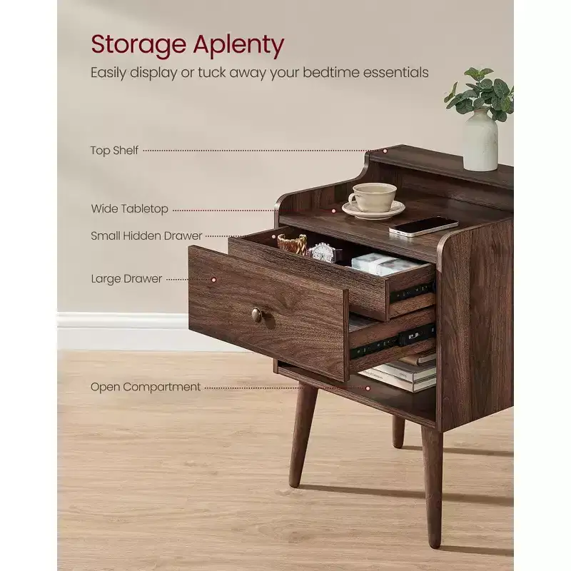 Nightstands, Set of 2, Bedside Tables with Hidden Drawers, Mid-Century End Tables with Solid Wood Legs