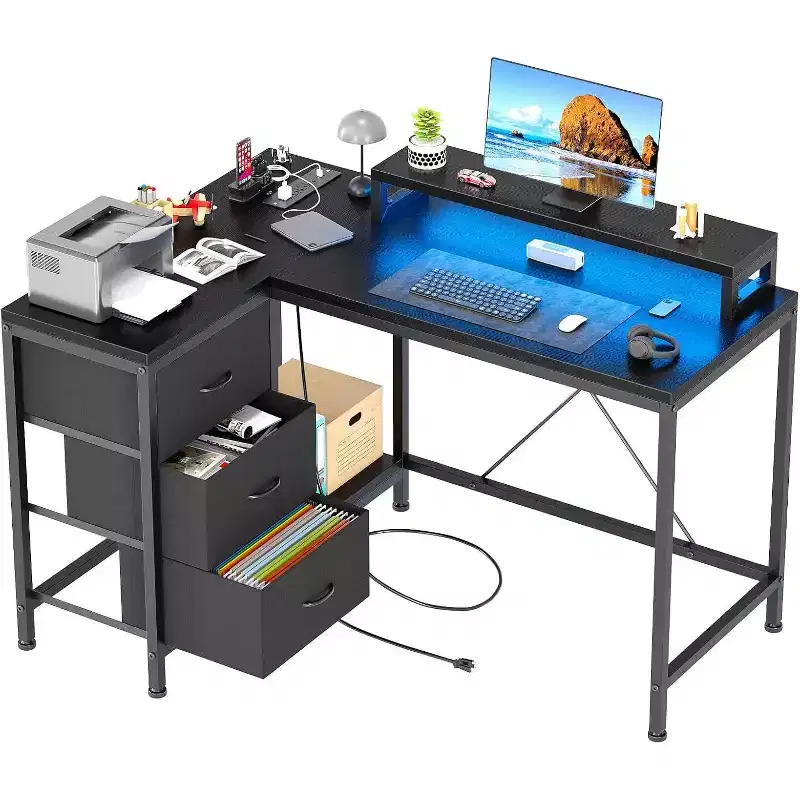 Acekool L-Shaped Gaming Desk with LED Lights, Power Outlets, Drawers & Shelves, Corner Computer Desk for Home Office, Black