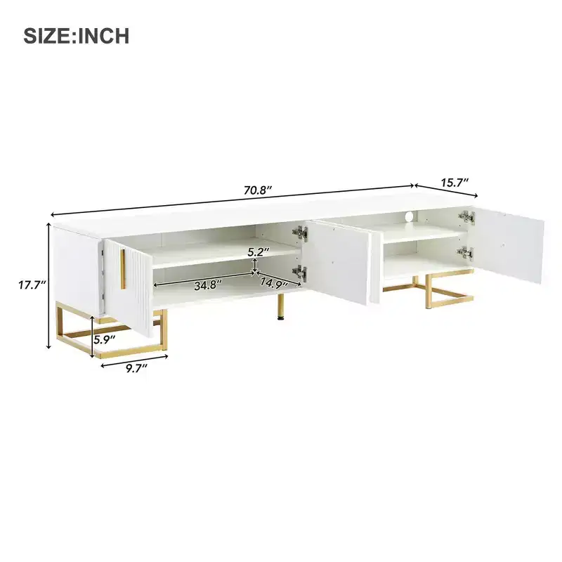 JVNOXKON-70-inch Modern Media Cabinet TV Stand, suitable for TVs under 80 inches, featuring metal legs and handles with storage space, white