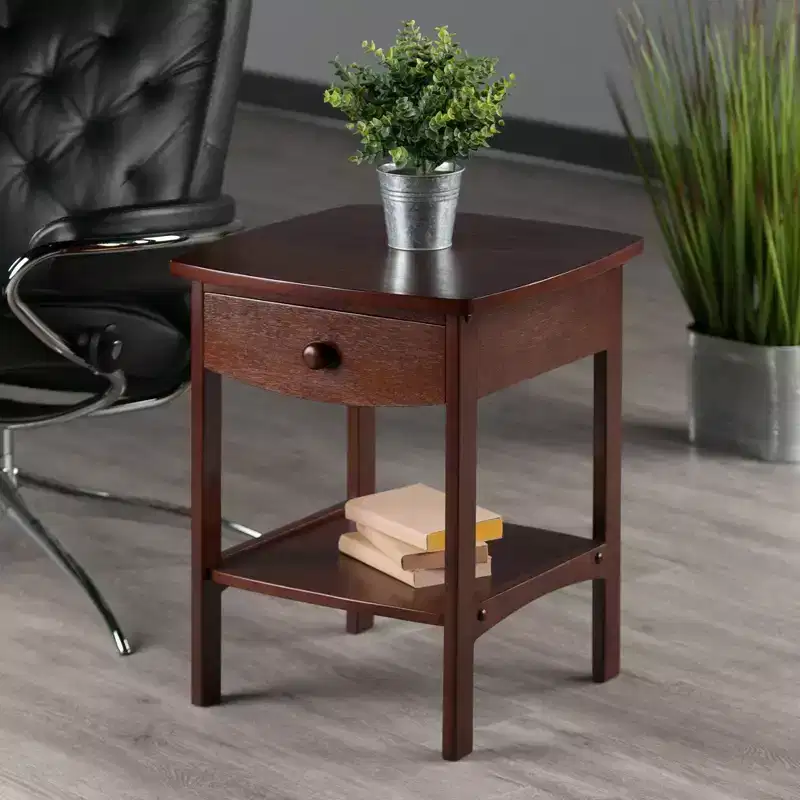 Walnut Rectangular End Table with Drawer and Shelf, Hardwood Frame, 18
