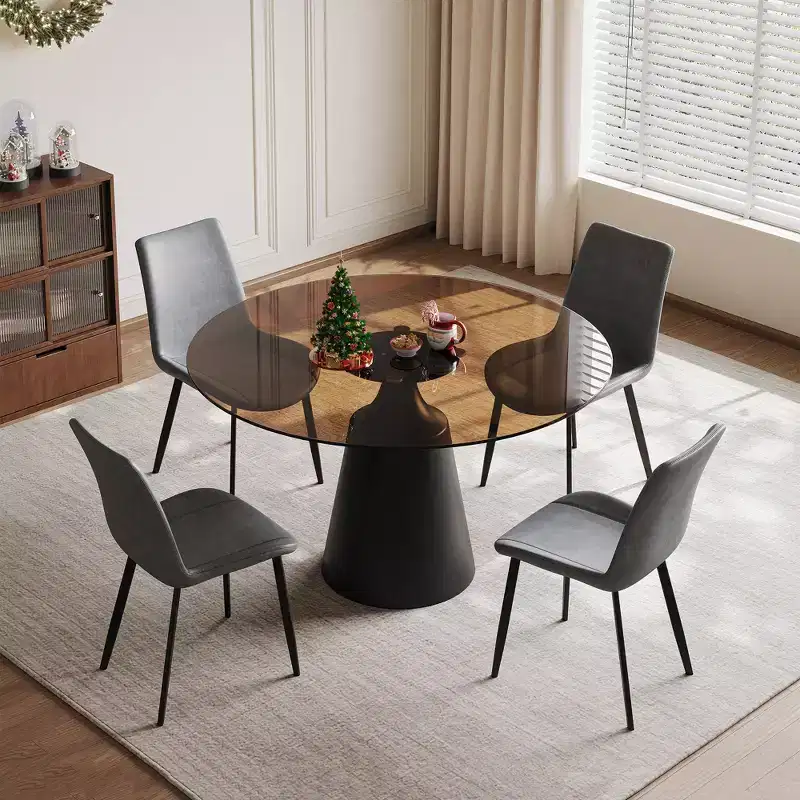 GDFStudio Zephyr Modern 5-Piece Dining Set with Round Tempered Glass Table and Faux Leather Upholstered Chairs