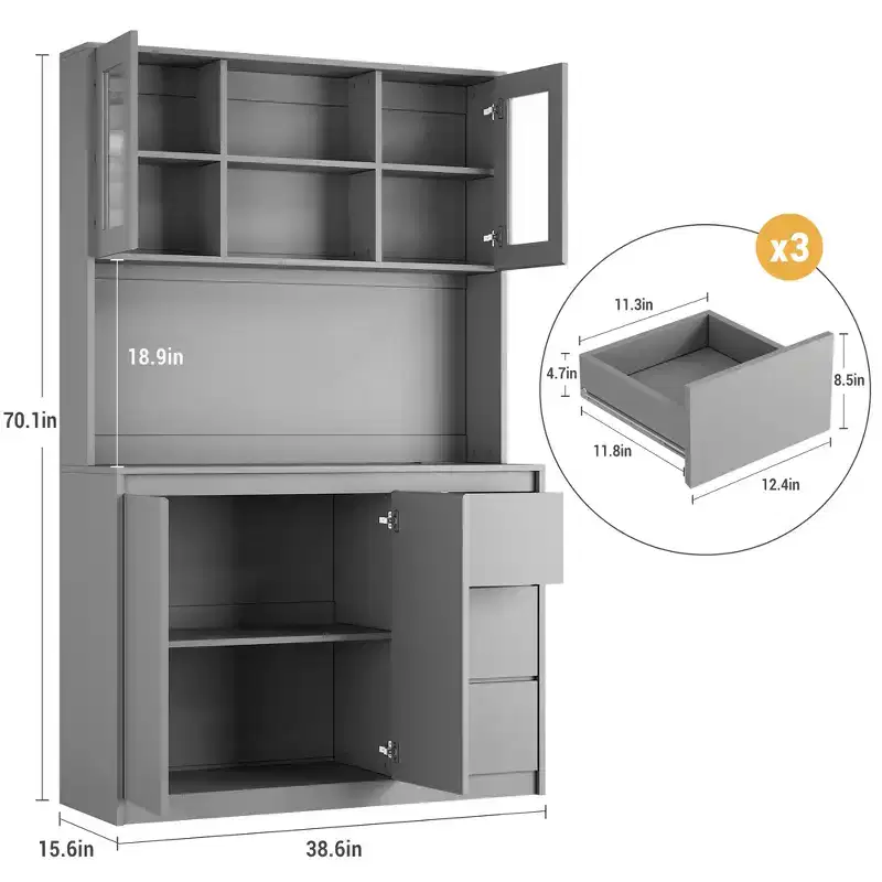 71 Tall Kitchen Pantry Cabinet with Glass Door, Kitchen Storage Hutch with Led Lights and Power Outlets, Microwave Stand, Handless Design