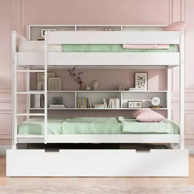 Luxystar Modern Full over Full Bunk Bed with Shelves and Trundle