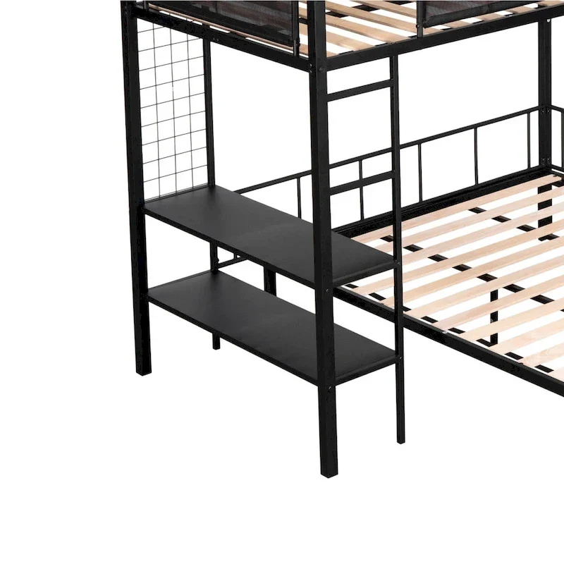 Twin over Full Bunk Bed with Shelves, Grid Panel and Separated Bottom Bed